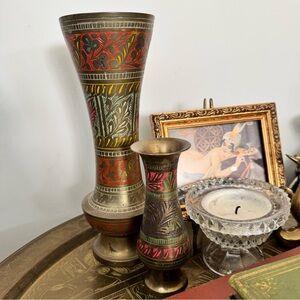 Two beautiful vintage etched brass with enamel vases